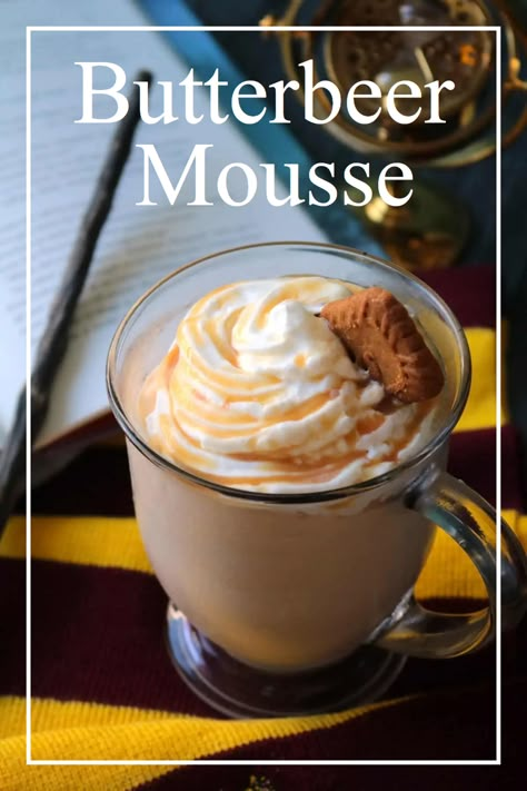 Unleash your inner wizard with our irresistible Butterbeer Mousse recipe! A magical blend of flavors straight out of the wizarding world is waiting to bewitch your taste buds. Perfect for Potterheads or anyone in search of a unique dessert. #thespiffycookie #butterbeer #harrypotter #mousse #butterscotch #HalloweenTreatsWeek Butterbeer Muddy Buddies, Harry Potter Desserts Easy, Butterbeer Desserts, Butterbeer Pudding, Butterscotch Mousse, Butterbeer Cookies, Nerdy Food, Butterbeer Ice Cream, Beer Cookies