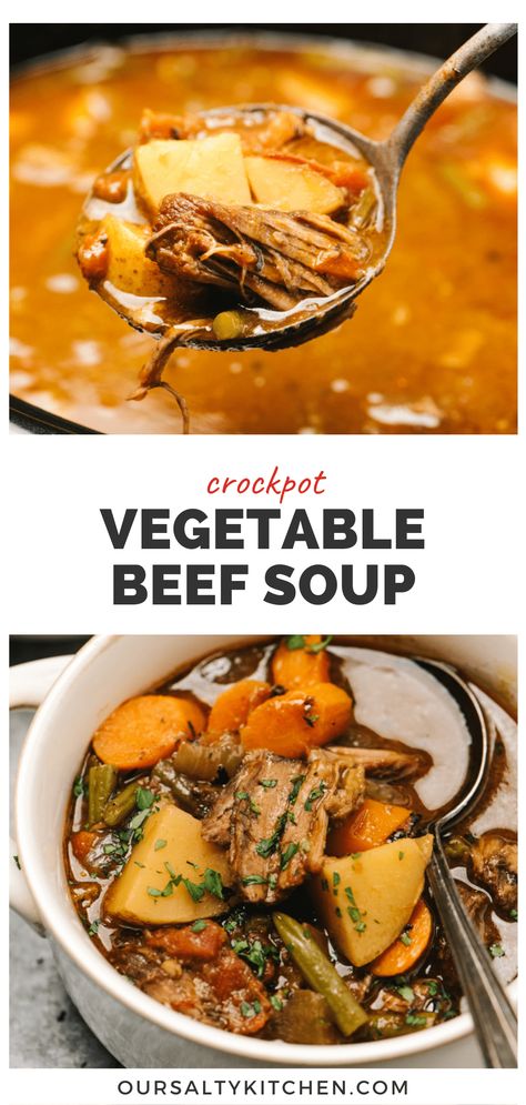 Crockpot vegetable beef soup is one of our favorite transitional dinner recipes from winter to spring. It's an easy and healthy meal with lots of flavor and flexibility. Beef and vegetable soup needs to cook low and slow, so the slow cooker is the perfect hack for a well seasoned soup with tender shreds of chuck roast and a medley of tender garden vegetables. Sear the beef before adding to your crockpot to create big, bold flavor with minimal extra effort. Crockpot Beef And Vegetable Soup, Beef Chunk Soup, Pot Roast Vegetable Soup, Soups With Chuck Roast, Crockpot Beef Vegetable Soup Slow Cooker, Crock Pot Beef Veggie Soup, Shredded Beef Vegetable Soup, Soup Recipes With Beef Broth, Vegetable Soup With Leftover Roast