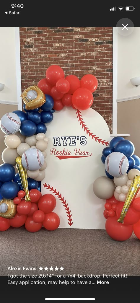 Baseball Themed Balloon Arch, Rookie Year First Birthday Backdrop, Baseball Party Balloon Arch, Baseball Backdrop Ideas, Rookie Year Backdrop, Rookie Of The Year First Birthday Backdrop, Rookie Of The Year Balloon Arch, Rookie Of The Year Backdrop, Baseball Backdrop