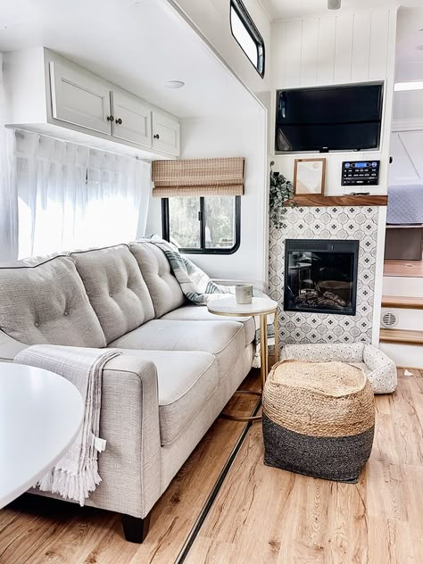 Renovated Forest River Wildcat 5th Wheel Rv Living Room, Rv Interior Remodel, Camper Interior Design, Rv Dreams, Camper Trailer Remodel, Trailer Decor, Diy Camper Remodel, Rv Renovations, Camper Remodel