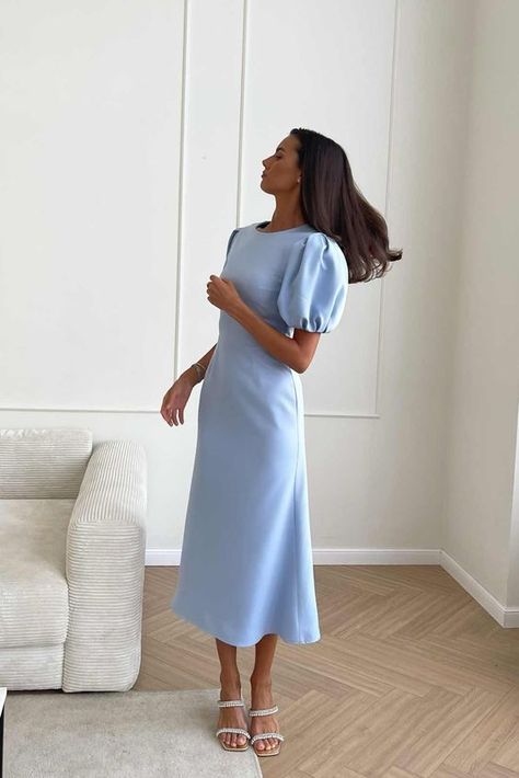 Long Dress Puffy Sleeves, Blue Chic Outfit Classy, Modest Hoco Dresses Classy, Simple Blue Dress Classy, Modest Chic Dresses, Classic Wedding Dress Modest, Light Blue Wrap Dress, Elegant Modest Dress, Modest Simple Dresses