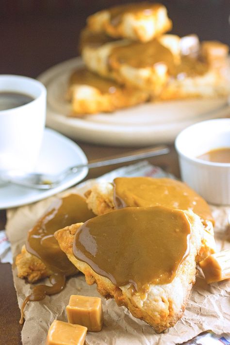 Salted Caramel Scones | Brown Sugar Food Blog Caramel Scones, Office Party Ideas, Breakfast Scones, Pumpkin Scones, Caramel Recipes, No Sugar Foods, Scone Recipe, Office Party, Sweet Savory