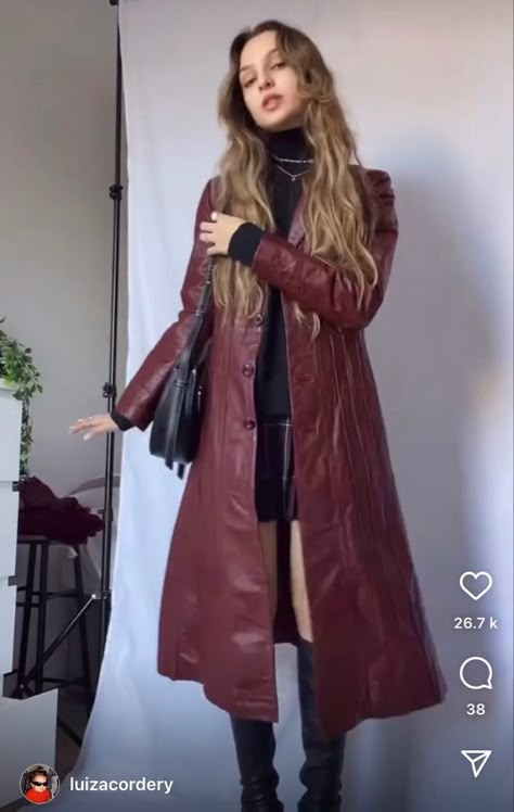 Long Red Leather Coat, Maroon Leather Trench Coat Outfit, Burgundy Leather Trench Coat, Long Red Leather Jacket, Maroon Trench Coat Outfit, Long Red Leather Jacket Outfit, Red Leather Trench Coat Outfit, Burgundy Leather Coat, Red Leather Coat Outfit