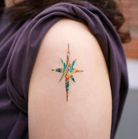 Holographic Tattoo, Beautiful Shoulder Tattoos, Star Tattoo On Shoulder, Colourful Tattoo, North Star Tattoos, Shooting Star Tattoo, Girl Shoulder Tattoos, Small Shoulder Tattoos, Star Tattoo Designs