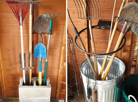 Clever Garden Tool Tips: These clever tips help your garden tools stay tidy, last longer and be more comfortable to use. Garden Tool Box Ideas, Pallet For Garden Tools, Organize Garden Tools In Shed, Diy Rake And Shovel Holder, How To Hang Garden Tools, Ways To Store Garden Tools, Gardening Tool Organization, Stick Storage Outdoor, Garden Tool Pallet Storage