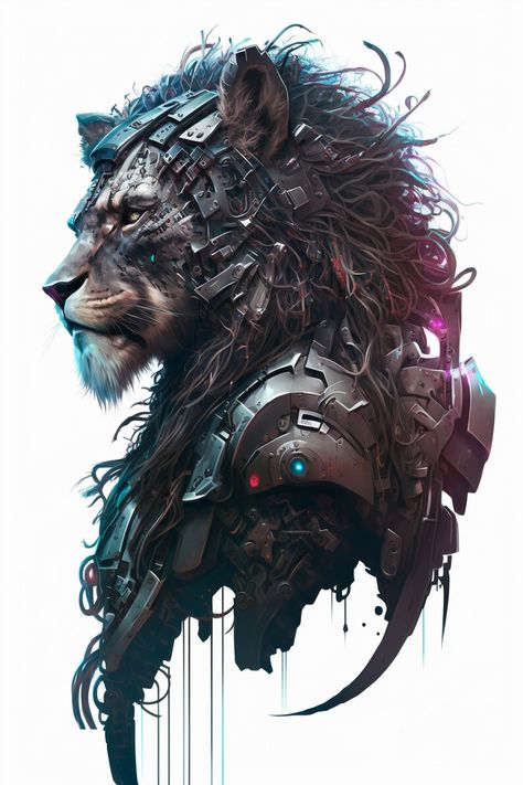 Lion Mecha, Lion Character Design, Cyberpunk Dog, Lion Character, Robot Lion, Nfl Football Art, Football Art, Art Styles, Nfl Football