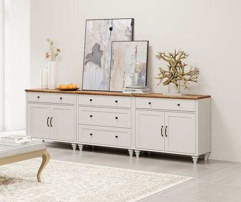 Charlton Home® Sideboard Cabinet With 5 Drawers And 4 Doors, Vintage Wood Grain Design, Buffet Cabinet With Storage,Coffee Bar For Dinning Room, Kitchen,And Living Room, White, 101 Inch | Wayfair Modern Farmhouse Sideboard, Kitchen Buffet Cabinet, Room 101, Doors Vintage, Cabinet With Storage, Farmhouse Sideboard, Grain Design, Kitchen Buffet, Nursery Furniture Sets