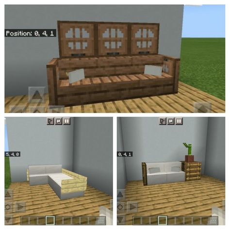 Minecraft Couches, Couch In Minecraft, Minecraft Building Ideas Furniture, Couch Minecraft, Minecraft Couch Ideas, Minecraft Couch, Living Room Minecraft, Minecraft Fountain, Minecraft House Interior