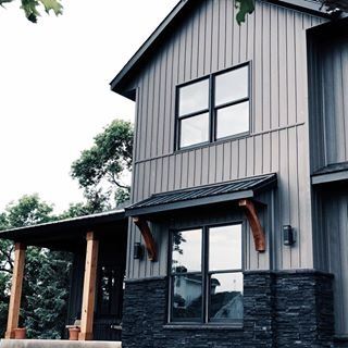 Why we built a Modern Farmhouse Part 2. Mold was causeing illness. Board And Batten Siding Black, Trimless Windows, Dark Modern Farmhouse, Windows Black, Gray House, Farmhouse Front Door, Dark Modern, Board And Batten Siding, Modern Farmhouse Exterior