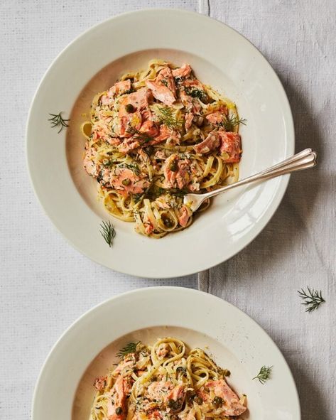 Creamy trout and caper linguine Smoked Trout Pasta, Trout Pasta, Creamy Caper Sauce, Delicious Magazine Recipes, Salmon Pasta Recipes, Summer Pasta Recipes, Caper Sauce, Sea Trout, Trout Recipes