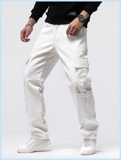 White Cargo Pants Outfit Men, Mens White Pants, Cargo Outfit Men, White Cargo Pants Outfit, Pantalones Boyfriend, Flap Pocket Cargo Jeans, Men Aesthetic Outfits, Cargo Pants Outfit Men, White Pants Men