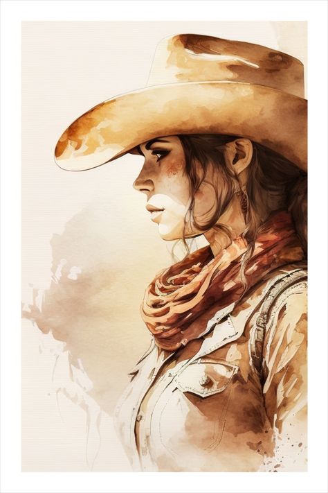 Embrace the wild west with this exquisite watercolor painting of a cowgirl. Delicate brushstrokes and vibrant colors capture the adventurous spirit of the frontier. Perfect for anyone who loves the western lifestyle, this artwork is sure to inspire and captivate. Cowgirl Acrylic Painting, Cowgirl Watercolor Art, Cowboy Watercolor Paintings, Watercolor Western Art, Western Watercolor Paintings, Western Art Wild West, Cowgirl Watercolor, Cowgirl Drawing, Cowgirl Artwork