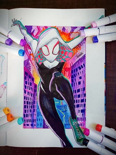 Gwen Stacy Watercolor, Spider Man Into The Spiderverse Drawings, Spider Man Across The Spider Verse Drawing, Spiderman Across The Spider Verse Drawing, Spiderman Doodle Art, Gwen Stacy Painting, Spiderman Into The Spiderverse Art Style, Spiderman Across The Spider Verse Art, Spiderman Into The Spiderverse Art