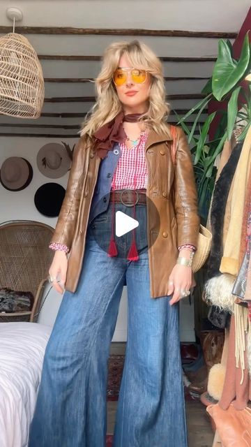 Susie Q on Instagram: "lets build an outfit! 70’s leather, denim, gingham and The Hollies are always a good idea 💙❤️ 

#70s #70sstyle #vintagefashion #fyp #70sfashion #thehollies #vintagevibes #vintagestyle #slowfashion #sustainablefashion #bohostyle #vintagestyling #bellbottoms #70svintage" 70s Winter Fashion, 70s Coat, Build An Outfit, 70’s Outfit, The Hollies, 70s Vintage Fashion, Denim Jacket Outfit, 70s Aesthetic, 70s Outfits