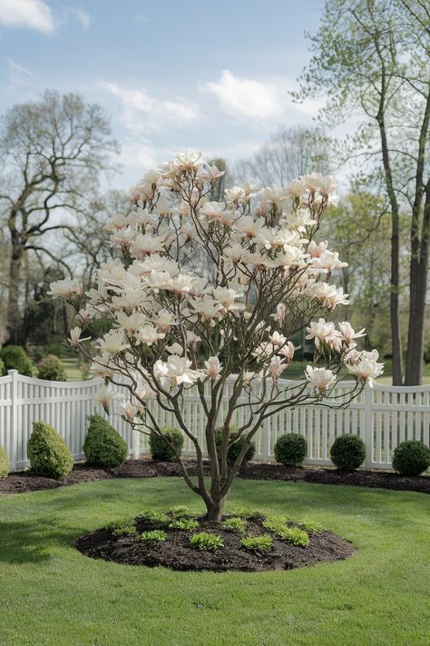 15 Small Trees For Front Yards With Non-Invasive Roots Magnolia Tree In Front Of House, White Dogwood Tree Landscapes, Beautiful Trees For Yard, Magnolia Tree Front Yard, Front Yard With Trees, Magnolia Tree Landscaping, Little Gem Magnolia Tree, White Flower Tree, Small Landscape Trees