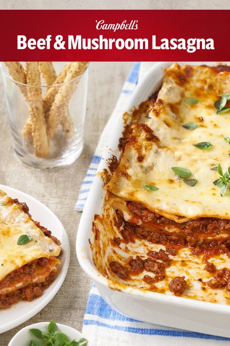 For this Valentine’s Day, we’ve got the easiest lasagna you’ll ever make with only 6 ingredients! Condensed Cream of Mushroom Soup and Prego® Sauce come together to make a rich and creamy tomato sauce infused with earthy mushroom flavor. Even better is our make ahead freezer tip so you can enjoy this any night of the week. A homemade classic, you can never go wrong with this Beef & Mushroom Lasagna, for your loved one. Beef And Mushroom Lasagna, Lasagna With Mushrooms, Campbell's Recipes, Cream Cheese Lasagna, Mushroom Lasagna Recipe, Dinner Staples, Prego Sauce, Condensed Cream Of Mushroom Soup, Beef Mushroom