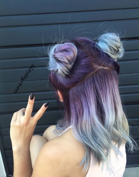 Space buns | Asian hair | purple into ice blue hair | Schwarzkopf hair | space hair | Elizabethashleyy White Hair Space Buns, Blue Hair Space Buns, Thick Hair Space Buns, Cosmic Blue Hair, Purple And Blue Pastel Hair, Ice Blue Hair, Space Buns Hair, Schwarzkopf Hair Color, Space Hair