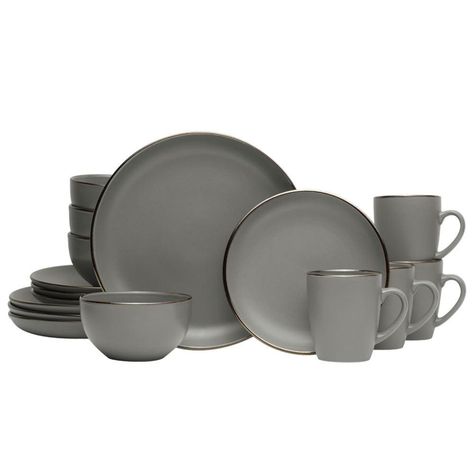 Buy Pfaltzgraff® Hadlee Grey 16-piece Stoneware Dinnerware Set at Walmart.com Grey Dinnerware, Grey Plates, Casual Entertaining, Blue Dinnerware, Stoneware Dinnerware Sets, Stoneware Dinnerware, Porcelain Dish, Stemless Wine Glasses, Modern Accents