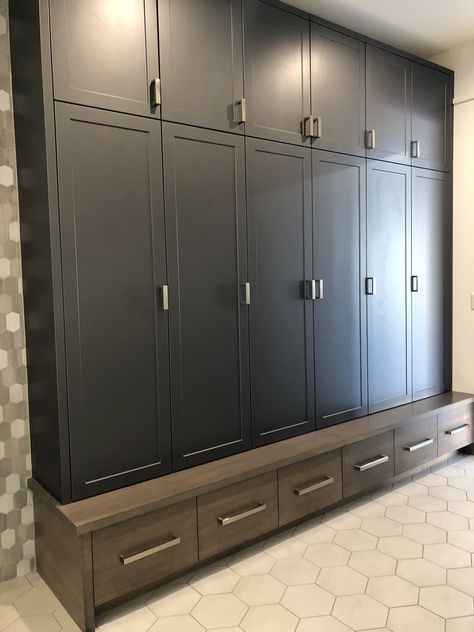 Home Gym Lockers, Small Gym Locker Room Design, Built In Metal Lockers, Industrial Locker Room, Luxury Gym Locker Room, Bonus Room Decorating, Industrial Storage Locker, Urbane Bronze, Shaped House