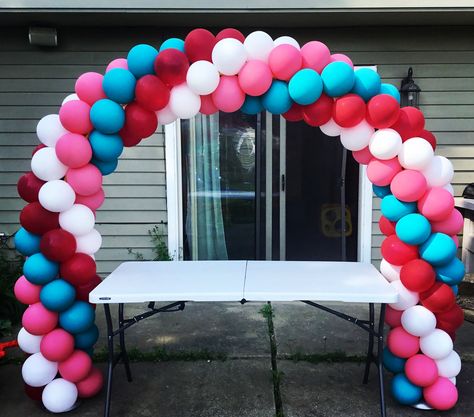 Spiral balloon arch. Sunrise Balloon Arch, Balloon Door Mat Arch, Spiral Balloon Arch, Spiral Balloon Column, Pride Rainbow Balloon Arch, Arch Decoration, Balloon Art, Balloon Arch, Three Color