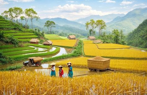 Yellow Rice, Rice Fields, Beautiful Painting, Beautiful Paintings, Graphic Resources, Rice