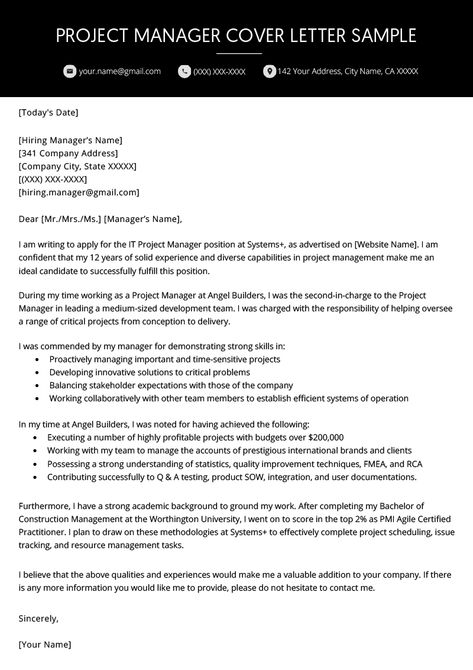 Project Manager Cover Letter Example | Resume Genius Canada Quilt, Project Manager Cover Letter, Cover Letter Example Templates, Osho Books, Simple Cover Letter, Resume Cover Letter Examples, Personal Financial Statement, Project Manager Resume, Resume Ideas