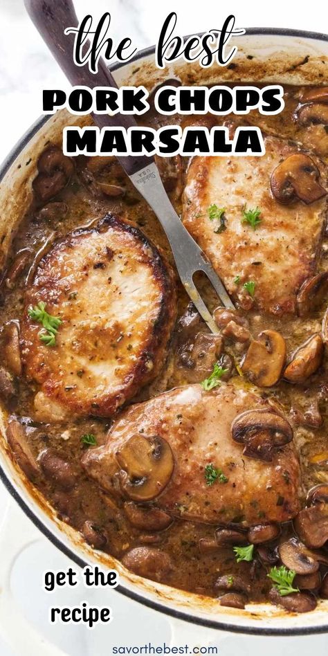 Pork chop Marsala is an Italian-inspired meal that combines juicy pork chops with a savory mushroom and Italian wine sauce with so much flavor! This is a flexible recipe that you can make with either bone-in or boneless pork chops. The delicious mushroom sauce is so good, you’ll want to dish up extra! Pork Marsala Recipe, Pork Masala Recipe, Pork With Mushroom Sauce, Pork Chops With Mushroom Sauce, Pork Italian Recipes, Bone Pork Chop Recipes, Fall Pork Chops, Pork Chop And Mushroom Recipes, Bone In Pork Chop Recipes