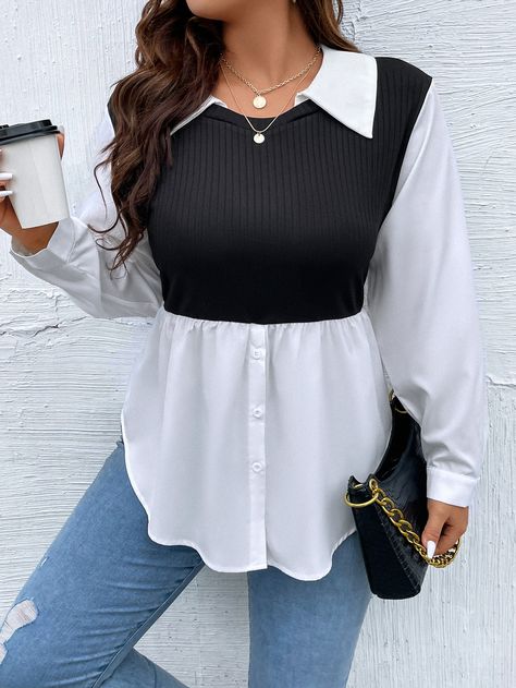 Black and White Casual Collar Long Sleeve Fabric Colorblock  Embellished Slight Stretch Spring/Fall Plus Size Tops Cotton Peplum Top, Peplum Tops, Wardrobe Ideas, White Casual, Women Tops, Plus Size Tops, Plus Clothing, Pure Cotton, Peplum Top