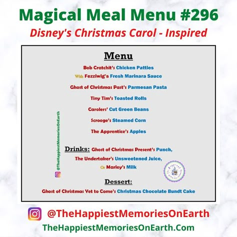 Magical Meal Menu #296 - Disney's Christmas Carol- Inspired with Menu & Pictures! Follow us for more on Instagram @TheHappiestMemoriesOnEarth !! #disneychristmas #christmas #christmasideas #christmascarol #TheHappiestMemoriesOnEarth #disneyinspired #dinnerideas #familydinner A Christmas Carol Dinner And A Movie, Disney Christmas Carol, Disney Movie Themed Dinner, Theme Dinners, Carol Movie, Themed Meals, Disney Themed Movie Night, Disney Movie Night Food, Pixar Studios