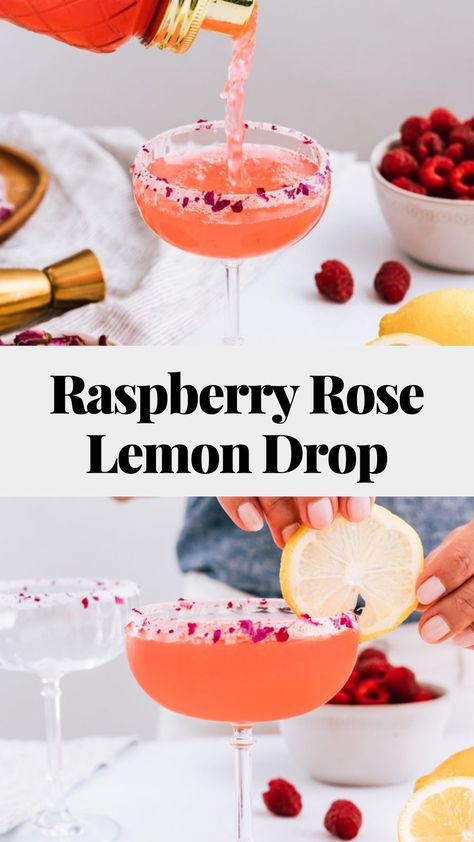 The Raspberry Rose Lemon Drop is a riff off a traditional lemon drop martini with the addition of raspberries and rose. This cocktail is ideal for sipping on in the summertime or for any special summer holidays or events like barbecues, graduation parties, or birthday celebrations. It’s brimming with tart and refreshing flavors and is finished off with a gorgeous rose petal and sugar rim. Rose Gold Cocktail, Graduation Cocktail, Rose Drinks, Bridal Shower Drinks Cocktails, Rose Cocktails, Sugar Rimmed Cocktails, Rose Water Cocktail Recipes, Rose Drinks Cocktails, Rosé Cocktail