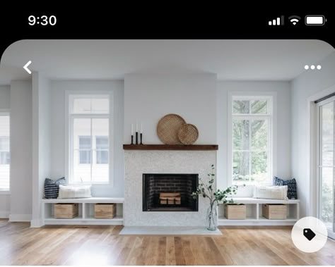 Windows Fireplace Wall, Window Seat By Fireplace, Windows Above Fireplace, Windows On Either Side Of Fireplace, Windows Around Fireplace, Windows Beside Fireplace, Fireplace With Windows On Both Sides, Fireplace Windows On Each Side, Sherwin Williams Site White