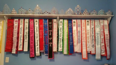 Pageant Crown and Sash Shelf Pageant Crown And Sash Display, Pageant Award Display, Pageant Sash Display, Crown And Sash Display, Pageant Trophy Display Ideas, Crown Display Ideas, Pageant Crown Display Ideas, Crown Display, Pageant Sashes