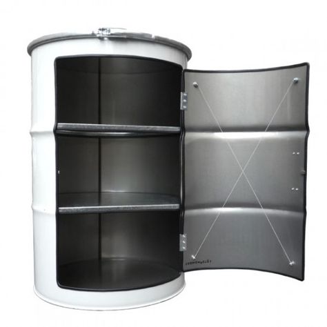 Metal barrel shelving unit. Easy to make, perfect for garage. Barrel Projects, Oil Barrel, 55 Gallon Drum, Metal Drum, Metal Barrel, Barrel Furniture, Oil Drum, Steel Barrel, 55 Gallon