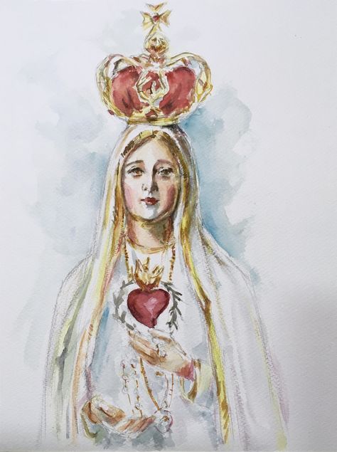 "Virgin of Fatima" Watercolor (48x36 cm) Artist: Sergio DS (c) 2017 Virgin Mary Watercolor Paintings, Catholic Watercolor Art, Virgin Mary Watercolor, Mother Mary Art, Catholic Watercolor, Mary Watercolor, Virgin Mary Painting, Catholic Wallpaper, Virgin Mary Art