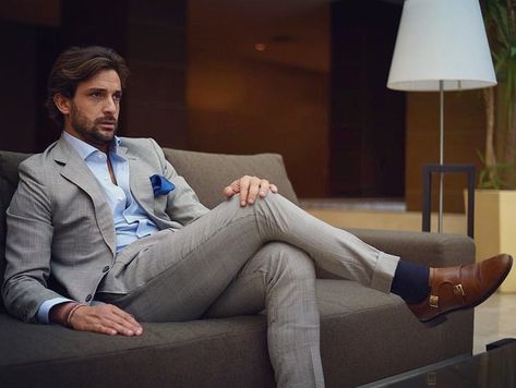 Relax, hang back and enjoy Grey Suit Blue Shirt Men, Stylish Mens Suits Grey, Light Grey Suit Men, Grey Suit Combinations, Casual Suit Look, Grey Suit Men, Suit Combinations, Light Grey Suits, Prince Of Wales Check