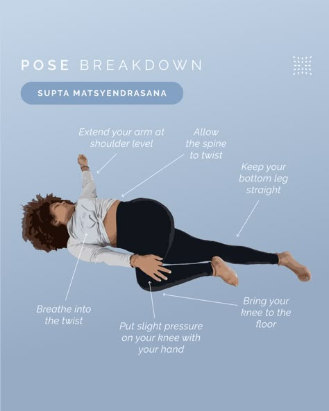 Supta Matsyendrasana, Bad Posture Exercises, Supine Twist, Pose Tutorial, Twist Yoga, Back Pose, Popular Yoga Poses, Yoga Teacher Resources, Physical Therapy Student