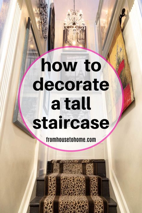 how to decorate a tall staircase How To Decorate Tall Stairwell Walls, Tall Staircase Wall Ideas High Ceilings, Enclosed Staircase Ideas Decor, Tall Stairwell Decor, Landing Wall Decor, Staircase Ideas Decoration, Stairwell Decorating Ideas, Tall Staircase Wall Ideas, Top Of Stairs Decor