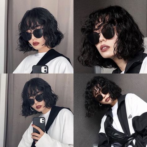 Japanese Curly Short Hair, Short Curly Permed Hair, Short Hair Perm With Bangs, Curly Short Hair Korean, 2b Haircut Short, 2b Short Hair, Short Black Curly Hair, Short Hair Perm, Curly Asian Hair