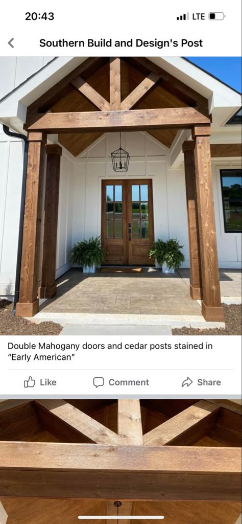 Porch Gables On House Exterior, Wood Beam Front Porch, Pine Posts Front Porch, Modern Gables On House Exterior, Exterior Cedar Stain Colors, Wood Beams Exterior House, Dark Cedar Posts Front Porch, Stained Beams Front Porch, Wooden Porch Posts