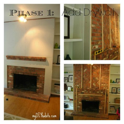 I just finished completing the refacing of our old brick fireplace. I took this Dated and boring floor to ceiling fireplace and transformed it into a bold statement piece with drywall, custom woodwork, tile surround, a dramatic wrap around mantel and crown molding! Can you tell I'm excited! Tile Brick Fireplace, Diy Brick Fireplace, Fireplace Refacing, Den Fireplace, Diy Fireplaces, Cleaning Brick, Reface Fireplace, Fireplace Makeovers, Ceiling Fireplace