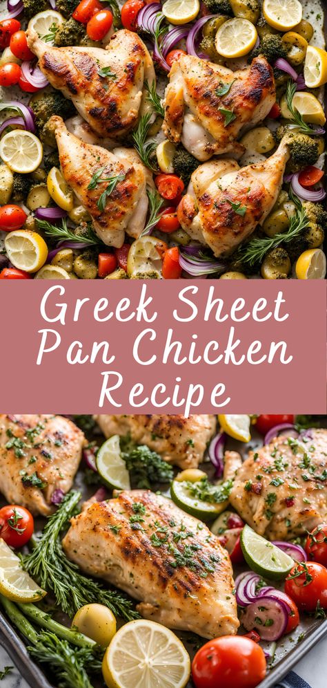 Greek Sheet Pan Chicken Recipe | Cheff Recipes Greek Pan Chicken, Greek Sheet Pan Chicken, Sheet Pan Chicken Recipe, Greek Sheet Pan, Greek Marinated Chicken, Sheet Pan Meals Chicken, Pan Chicken Recipes, Mediterranean Flavors, Yogurt Chicken