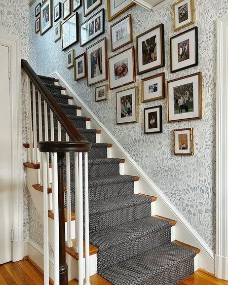 Gold Frame Gallery Wall Family Photos, Stairwell Family Photos, Stairwell With Wallpaper, Family Photos Up Staircase, Family Photo Gallery Wall Stairs, Vintage Gallery Wall Staircase, Wallpaper Stairway Wall, Staircase Family Photos, Staircase Wall Photo Gallery