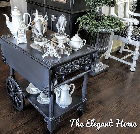 Vintage Tea Cart Redone Antique Tea Cart, Tea Room Design, Vintage Tea Cart, Tea Room Decor, Wood Wheel, Antique Vintage Decor, Tea Trolley, Antique Industrial, Tea Cart