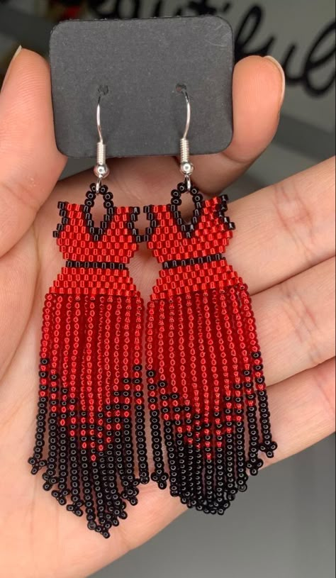 Beaded Dress Earrings Pattern, Mmiw Beaded Earrings Pattern, Mmiwg Beaded Earrings, Red Dress Mmiw, Mmiw Red Dress, Beaded Mmiw Earrings, Beaded Dress Earrings, Red Dress Beading Pattern, Delica Beaded Earrings Native