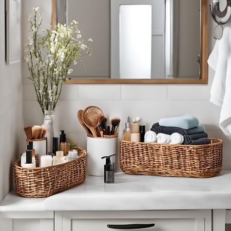 Practical and Cute Bathroom Counter Decor Ideas Guest Bathroom Vanity Tray Ideas, Decorating Bathroom Sink, Bathroom Organization Countertop Aesthetic, Tray On Bathroom Counter, Makeup Storage Bathroom Counter, Bathroom Vanity Set Up, Toilet Sink Decor, Countertop Bathroom Storage, Bathroom Counter Organization Aesthetic