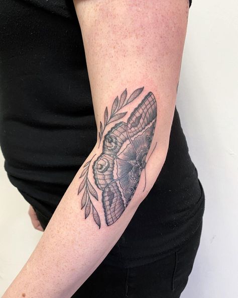 Moth Elbow Bend Tattoo, Black Witch Moth Tattoo, Moth Elbow Tattoo, Moth Tattoo Placement, Black Witch Moth, Witch Moth, Elbow Tattoos, Moth Tattoo, Black Witch