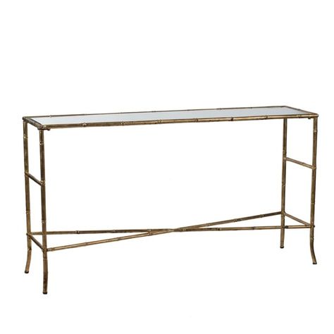 Antique Gold Glossy Top Rectangular Console Table by Anthony Venetucci - Bed Bath & Beyond - 29630531 Console Table Mirror, Chest Decor, Modern Organic Bedroom, Gold Console Table, Sideboard Decor, Linen Headboard, Mirrored Console Table, Metal Console, Wall Art Lighting