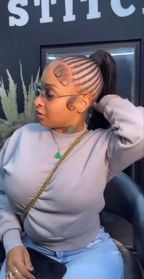 Scalp Braids In A Ponytail, Braids To Scalp For Black Hair, Scalp Braid Ponytail, Boho Stitch Braids Ponytail, Small Braided Ponytail Hairstyles, Small Braids Into Ponytail, Braids Into Ponytail Black Women, Pony Cornrows, Small Braids Ponytail