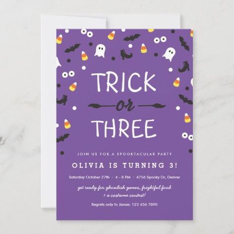 $2.95 | Trick or Three Halloween 3rd Birthday Invitation - party, girls, kids, fun, trick or treat, trick or three, 3rd, third birthday, boys 3rd birthday, girls 3rd birthday Kids Halloween Birthday Party, Halloween Invitations Kids, Halloween Birthday Party Invitations, Costume Party Invitations, Girls 3rd Birthday, Kids Halloween Party, Halloween Birthday Party, Halloween Birthday Invitations, Halloween Spooktacular