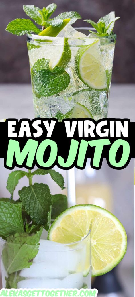 This light and refreshing Virgin Mojito Mocktail is sure to be a new favorite summer drink. Made without alcohol, you only need 4 simple ingredients and less than 5 minutes to mix it up. Whether you make a single glass or a whole pitcher, this mocktail is sure to be a winner with both kids and adults! Healthy Mojito Recipe, Virgin Mojito Recipe, Mojito Recipe Pitcher, Winter Mocktails, Mojito Mix, Non Alcoholic Mojito, Nonalcoholic Party Drinks, Christmas Mocktails, Easy Mocktails